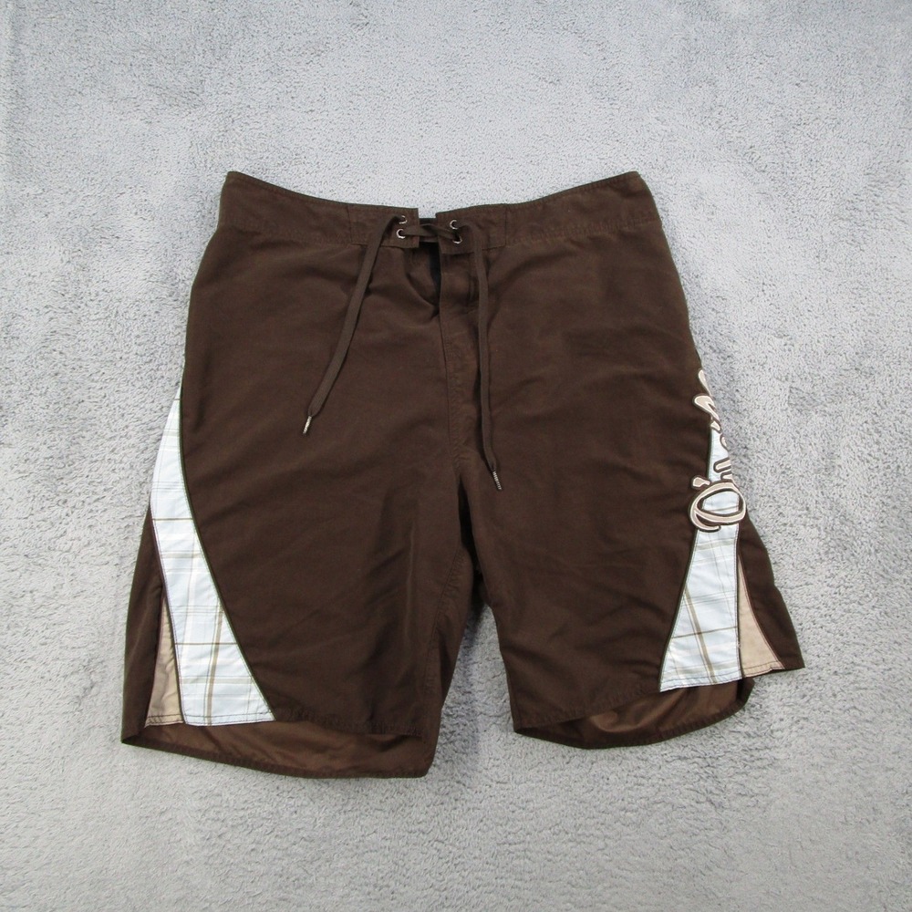 O'Neill Board Shorts Mens 36 Brown Plaid Embroidered Logo Swim Trunks Surf Y2K